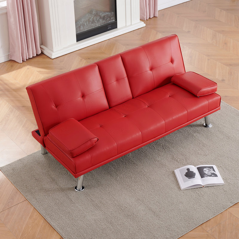 Canapé-lit pliant double en cuir rouge 67 po avec table basse