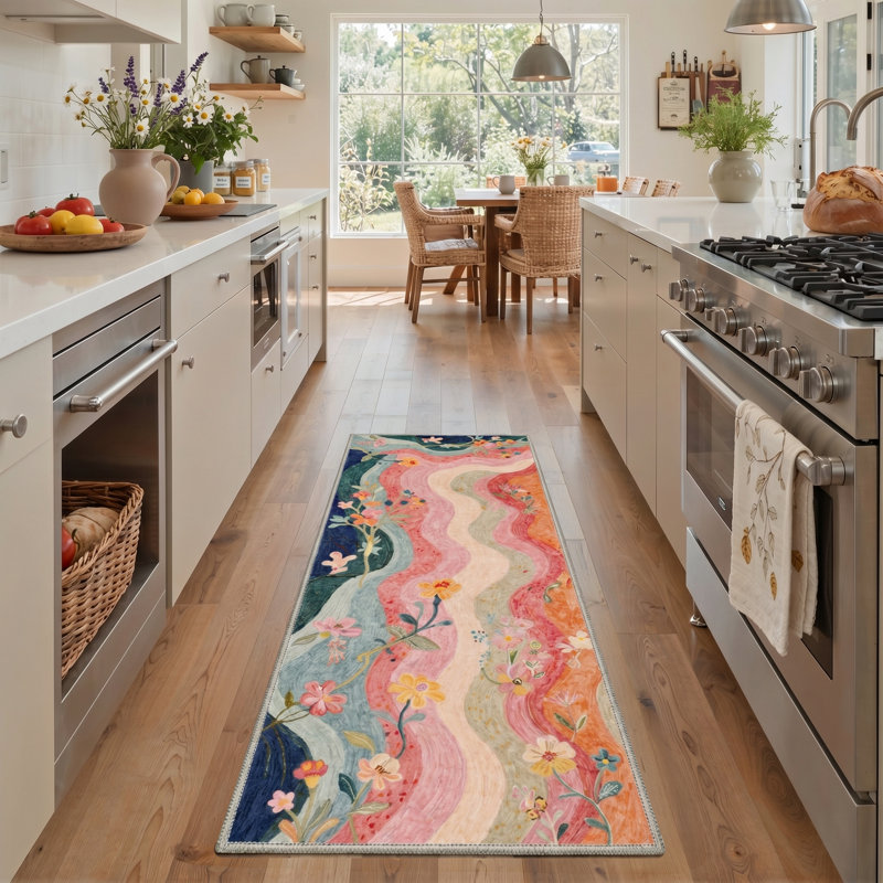 Verdalia Boho Floral Machine Washable Beige / Pink / Green / Blue Indoor Area Rug with Non-Slip Backing, Runner 2'3" x 6'