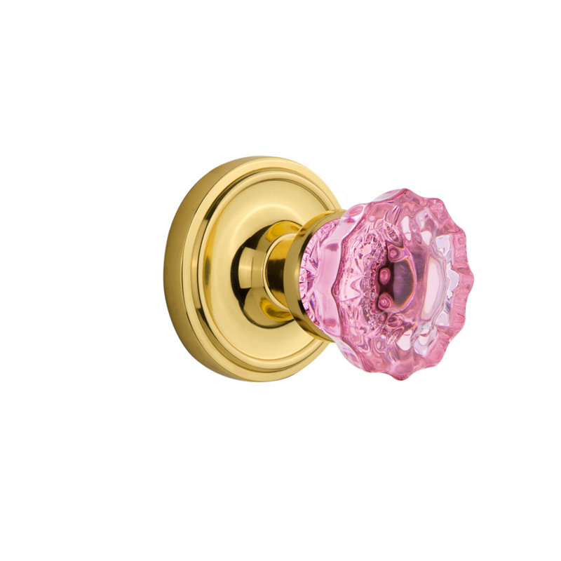 Classic Rosette with Crystal Pink Door Knob, 2 3/8, Polished Brass