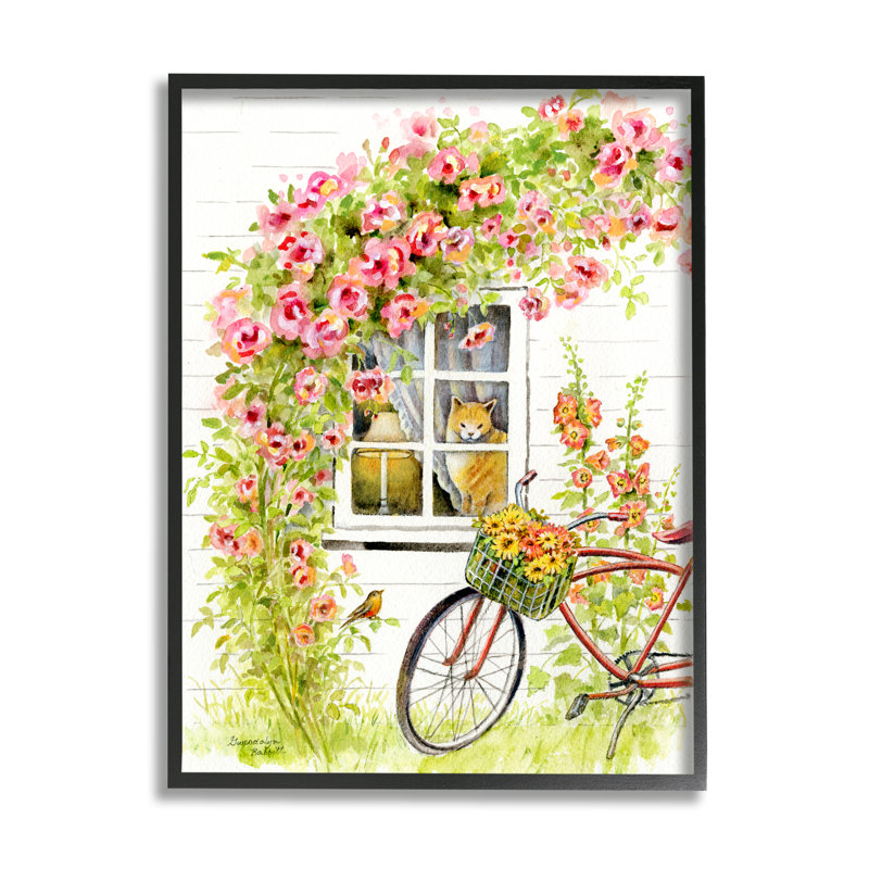 Vélo rose avec chalet charmant pour chat, H 20 po x l 16 po, Giclée encadrée noir minuit