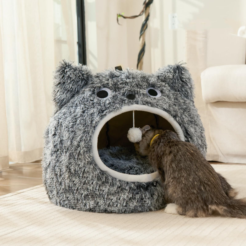 Gray Plush Cat Cave Bed with Soft Cushion