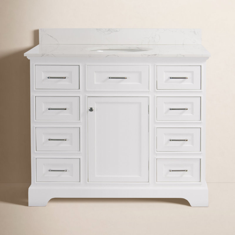 Ronnie 42'' Single Bathroom Vanity with Top, White, Engineered Marble
