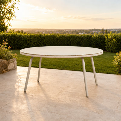 Table de salle à manger ronde en verre rond en rotin PE pour les espaces de patio, de jardin, de cour, de porche et de balcon, structure robuste résistante aux intempéries, surface facile d'entretien, parfaite pour les repas en famille, brunch entre amis