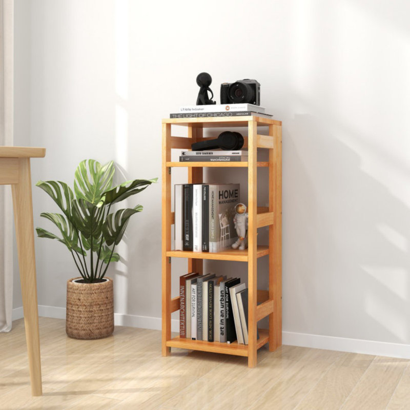 Bibliothèque en bois d'hévéa à 4 niveaux avec barrières latérales pour le salon, (4 tablettes) H 34,5 po x l 14 po x P 13 po
