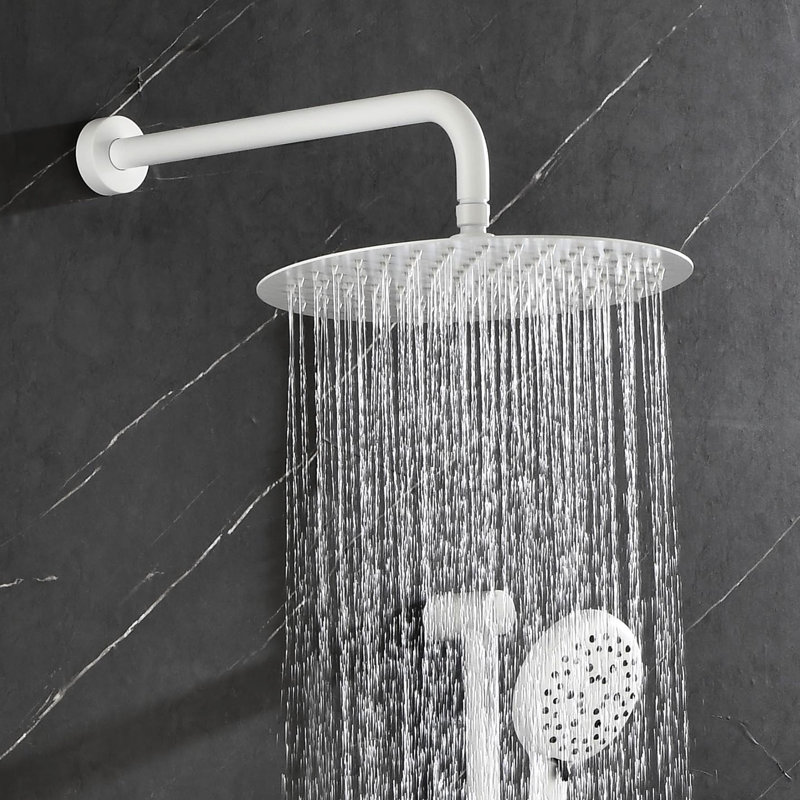 Élégante douche de salle de bain blanche avec accoudoirs: tête, douche à main, barre coulissante, jets de corps, boyau, garniture de soupape, manettes pour levier à levier - laiton,