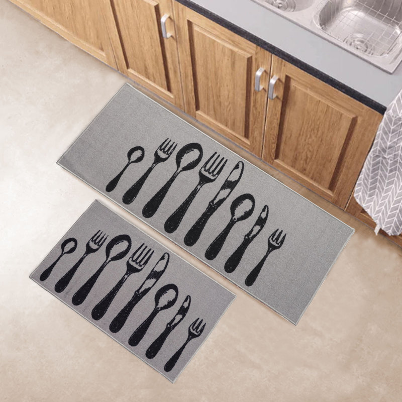 Luxurious Comfort Chef Kitchen Mat, Cutlery Design, Low-Profile, Universal Fit, Rectangle 1'8'' x 2'8", Light Gray
