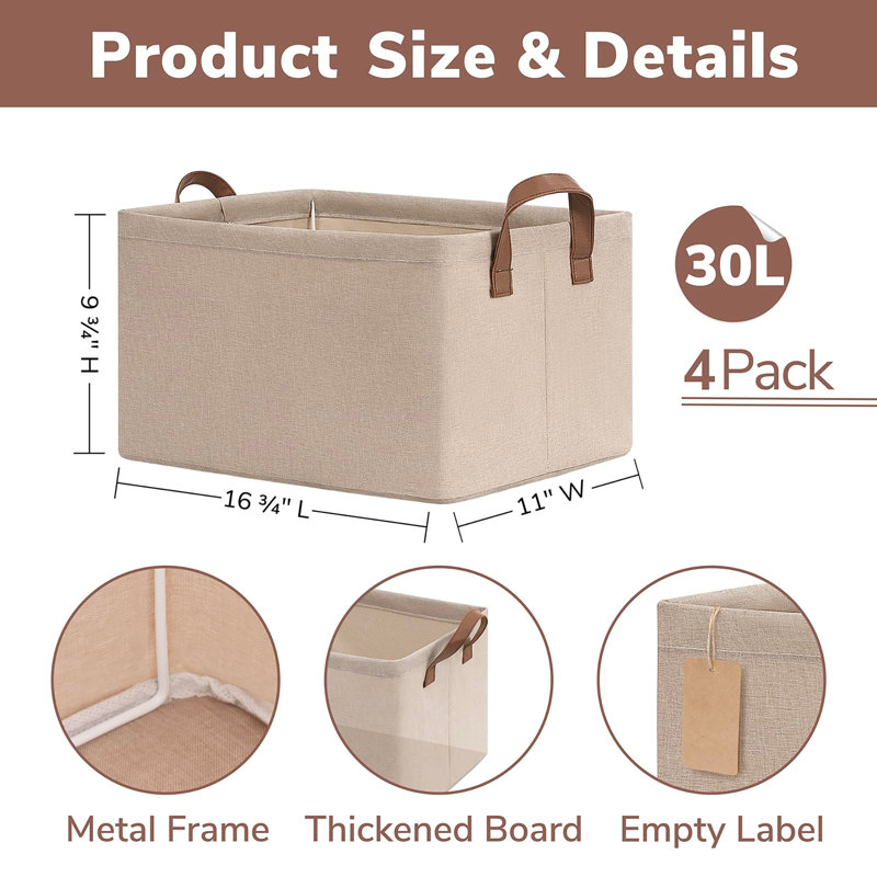 4-Pack Cube Storage Bins, 16.75x11x9.75 Inch Closet Organizer Storage Baskets for Shelves & Household Organization, Brown