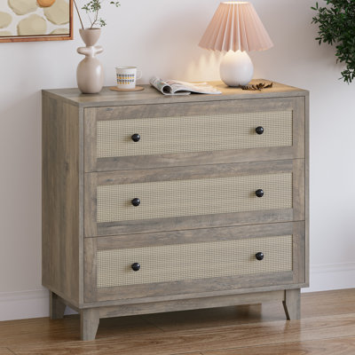Ashari Rattan 3 Drawer Dresser, Chest of Dressers,Boho Wood Modern Dresser Drawer Chest with Wood Handles by Bay Isle Home