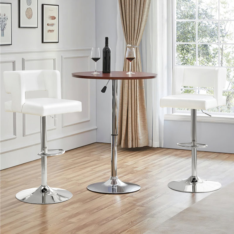 Bar Stool Adjustable Height Faux Leather Upholstered, White Seat/Sliver Frame