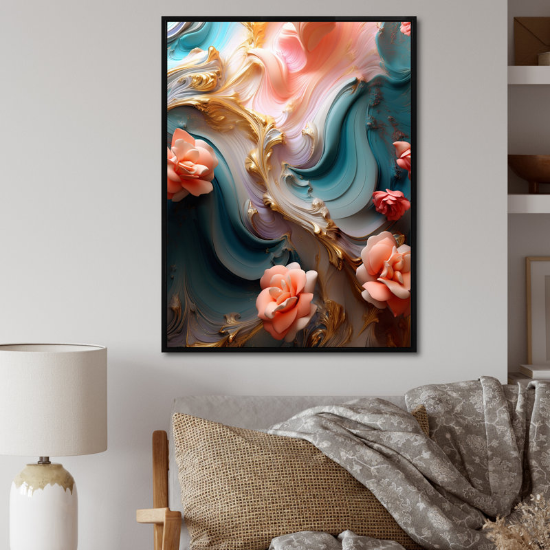 «River Blossoms Pink Rose», reproduction d'art liquide - reproduction, H 32 po x l 16 po x P 1 po, Cadre flottant noir