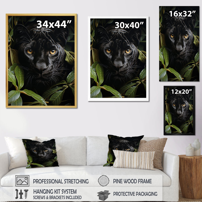 «Black Green Panther Noble Guardian», reproduction sur toile, Cadre naturel flottant, H 44 po x l 34 po x P 1,5 po
