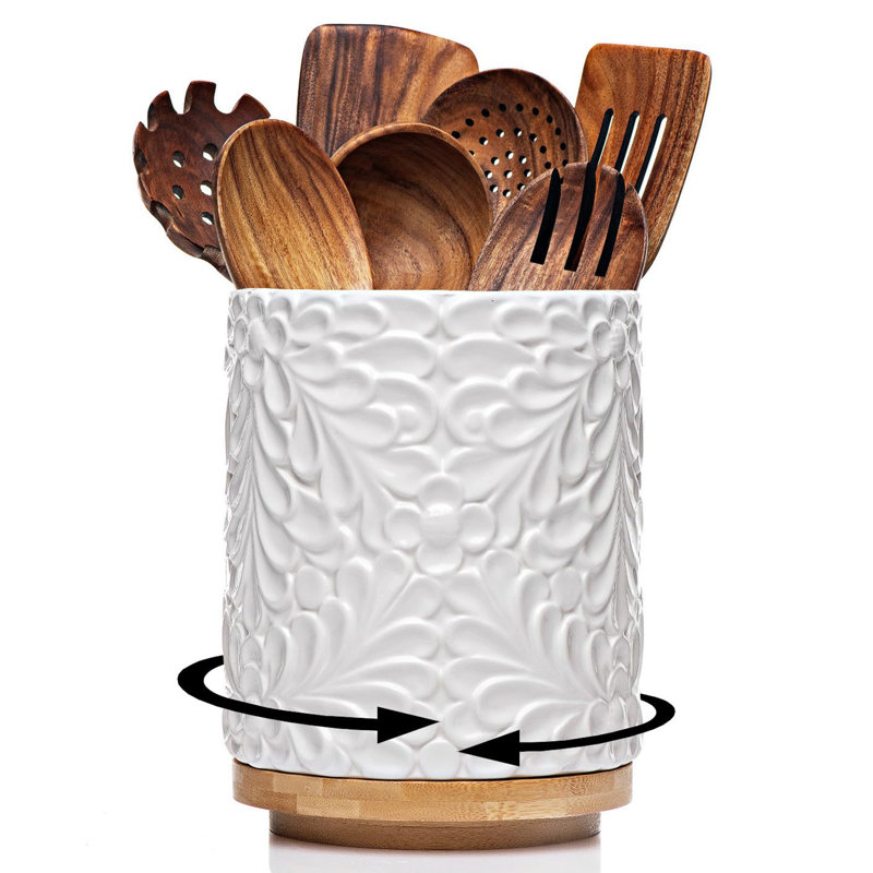 Porte-ustensiles de cuisine 8,3 po pour comptoir avec base en bambou