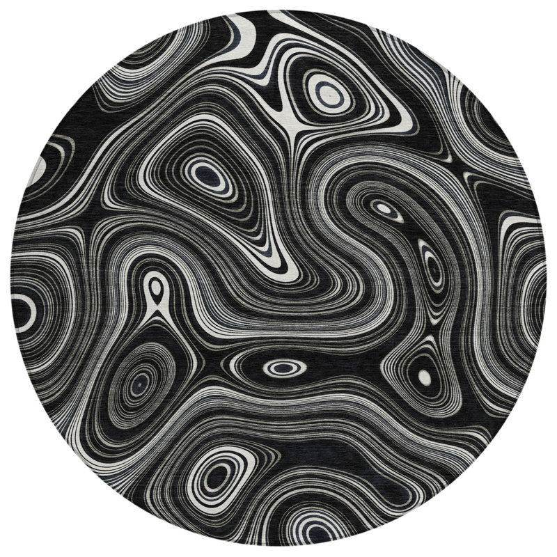 Tapis intérieur / extérieur rond lavable noir et ivoire 8 pi