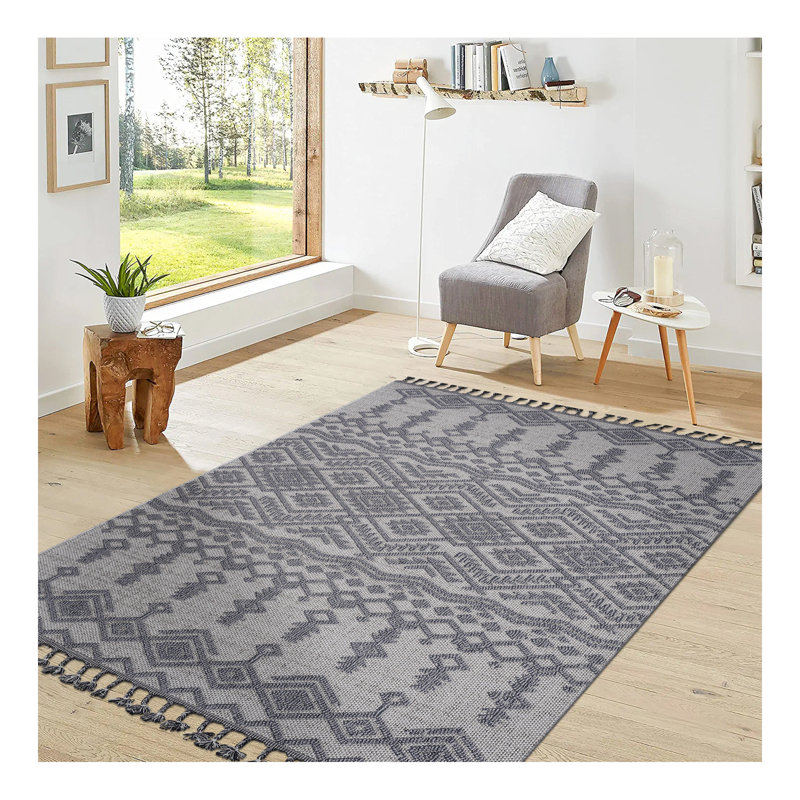 Tapis d'intérieur / extérieur blanc / gris Collection, Rectangle 6 pi 7 po x 7 pi 9 po