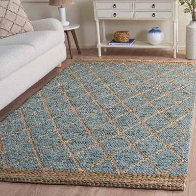 Keyren Natural Fibre Flat Weave Jute/Cotton/Wool Geometric Rug in Blue/Brown