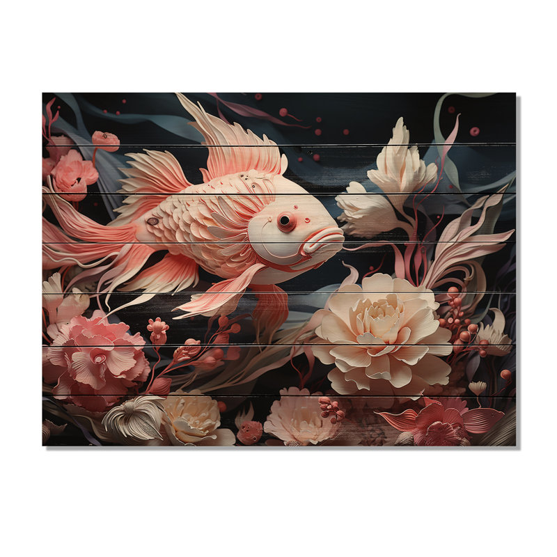 Coral And Sharks Collage Symetry I - Coastal Coral Under Water Wood Wall Art On Natural Pine Wood, 10" H x 20" W