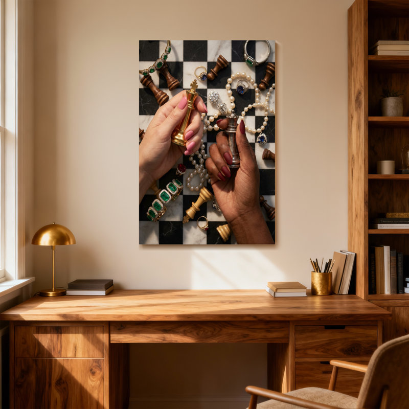 Fashion Chess Board, bijoux, mains, pièces d'échecs, H 18 po x l 12 po