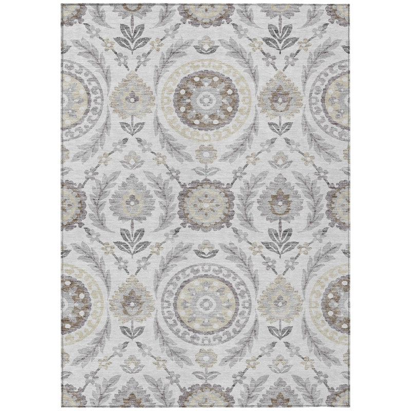 Tapis extérieur lavable floral gris argenté et taupe 10 pi x 14 pi