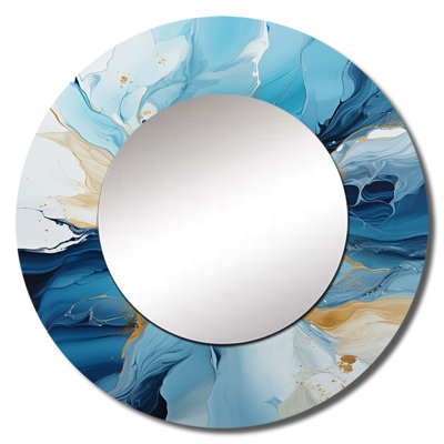 Roshanak Blue And White Glacier Charm II - Abstract Shapes Mirror, Blue Round Unique Wall Mirror, Printed Metal Art