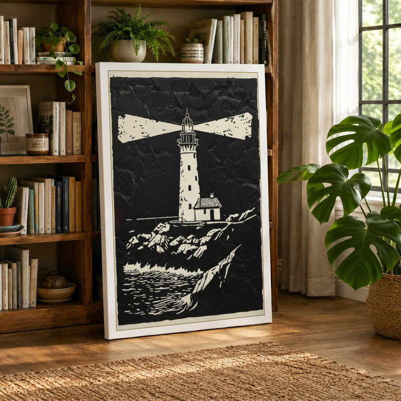 Lighthouse at Night Coastal - Wrapped Canvas, 18x12 - 45.7 x 30.5 cm, Ochre Border