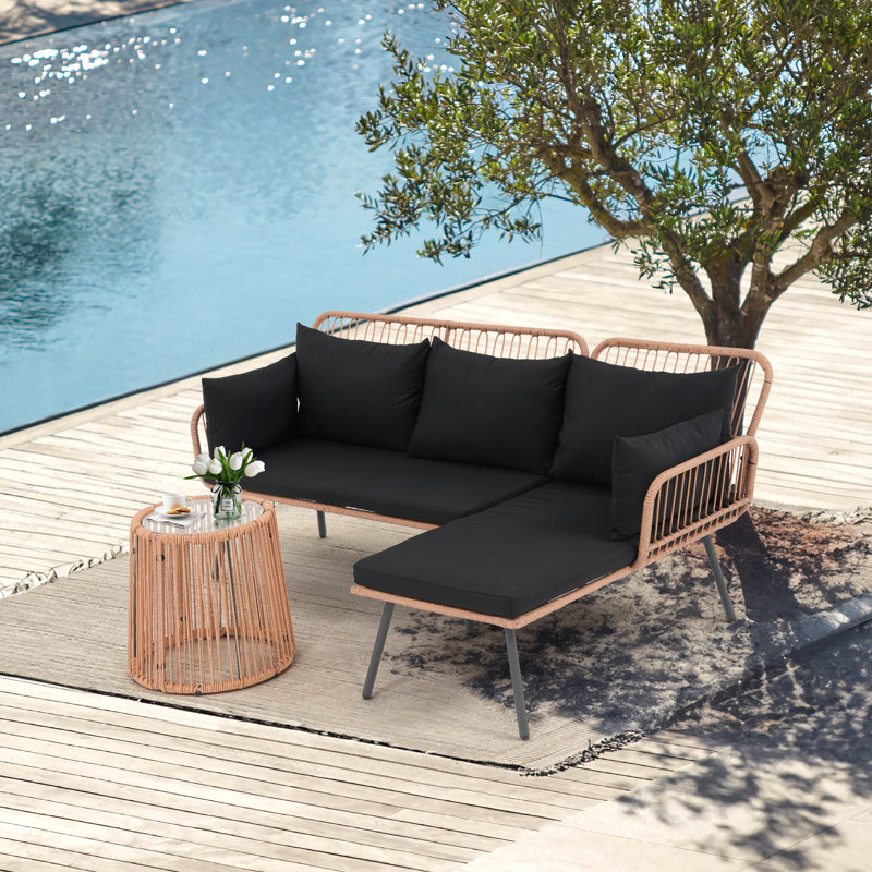L-shape Outdoor 3-person Sofa Seating Group With Cushions (black), Black