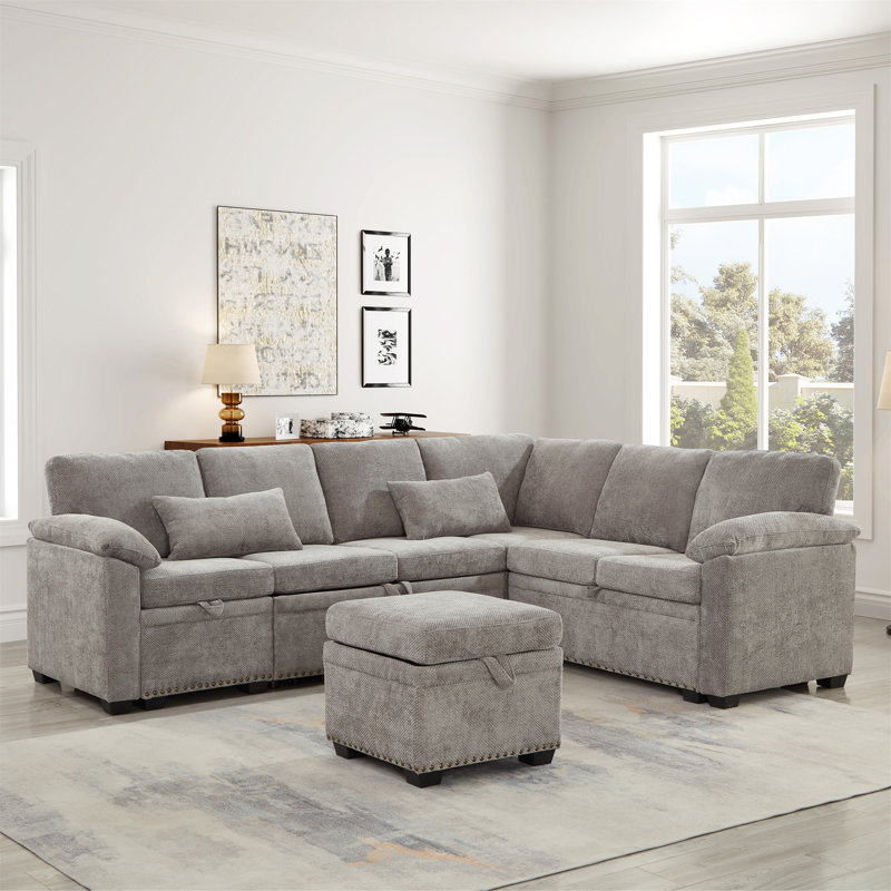 Canapé modulaire en L de 97 po avec siège et repose-pieds de rangement en L 97 po, Gris chenille