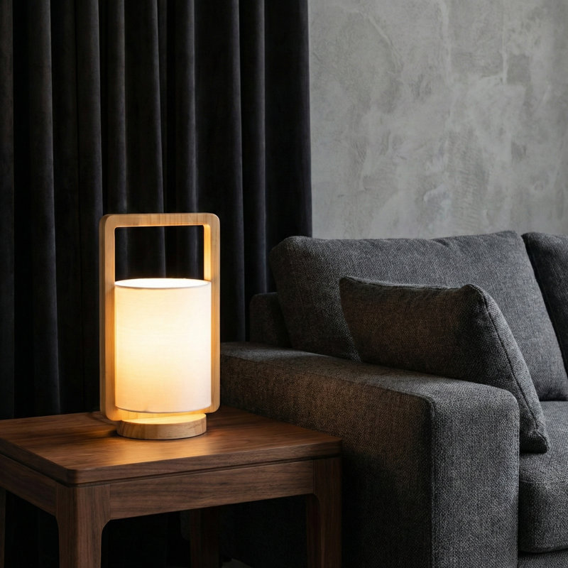 Wood Cylinder Table Lamps, Natural Wood Rustic Lighting Accent, White