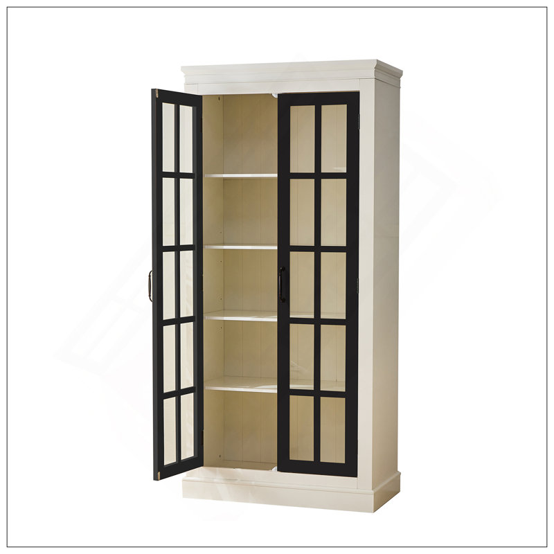 71.2'' Freestanding Glass Door Pantry, Farmhouse Style Display Cabinets, Curio Cabinet With Lattice Window For Hallways, Livingroom Kitchen & Office, White & Balck