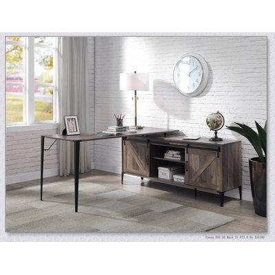 Bureau d'écriture rustique en L avec rangement pour porte de grange coulissante et pieds en métal durables pour le bureau à domicile