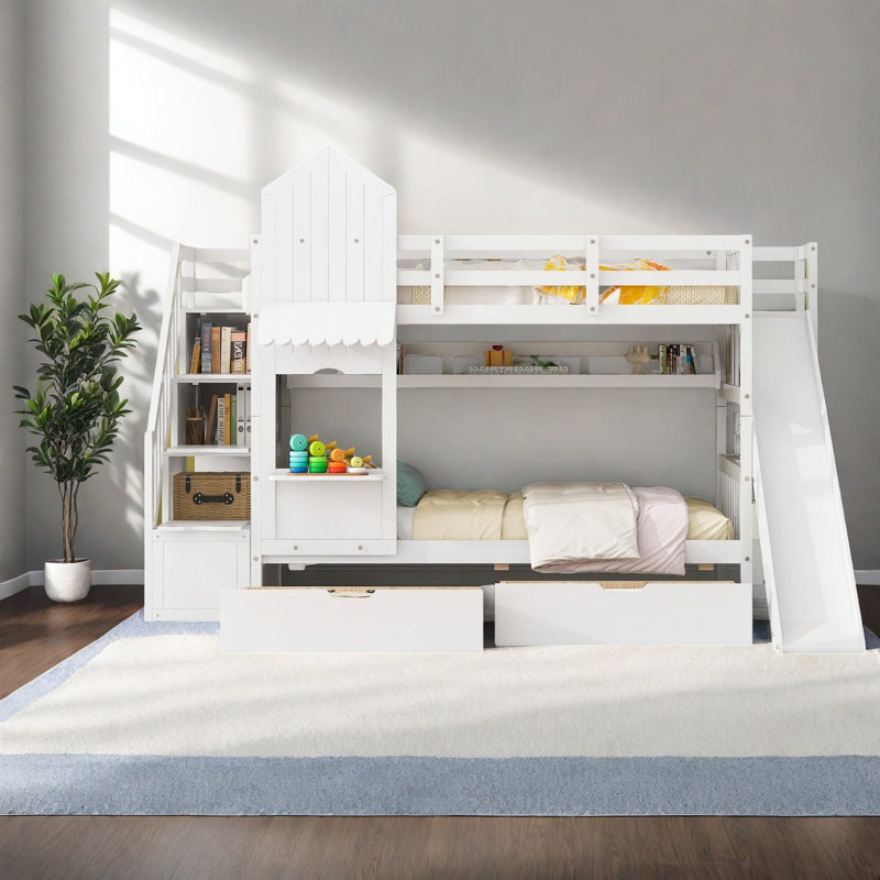 Castle Style Twin Bunk Beds, Solid Wood, Playful Modern Design With Slide And Storage