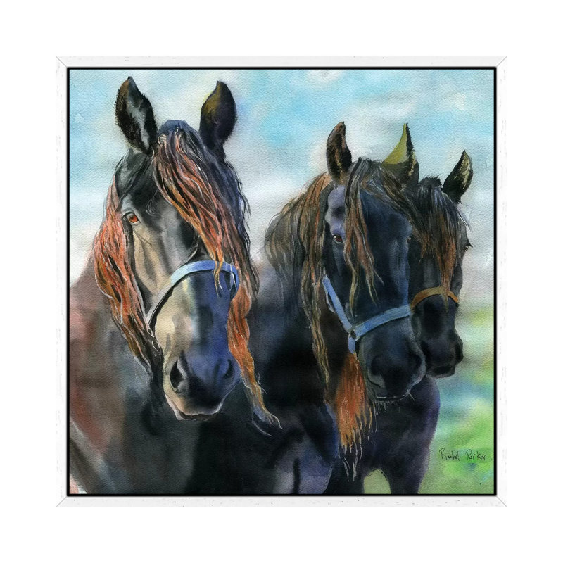Three Friesians by Rachel Parker - Painting on Canvas, 66.04 cm H x 66.04 cm W, White Framed