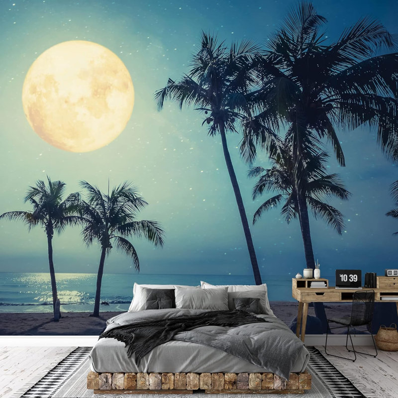 Tropical, plage, minuit, lune, paysage marin, photographie de la nature, paysage rustique décoratif, L 100 po x l 144 po