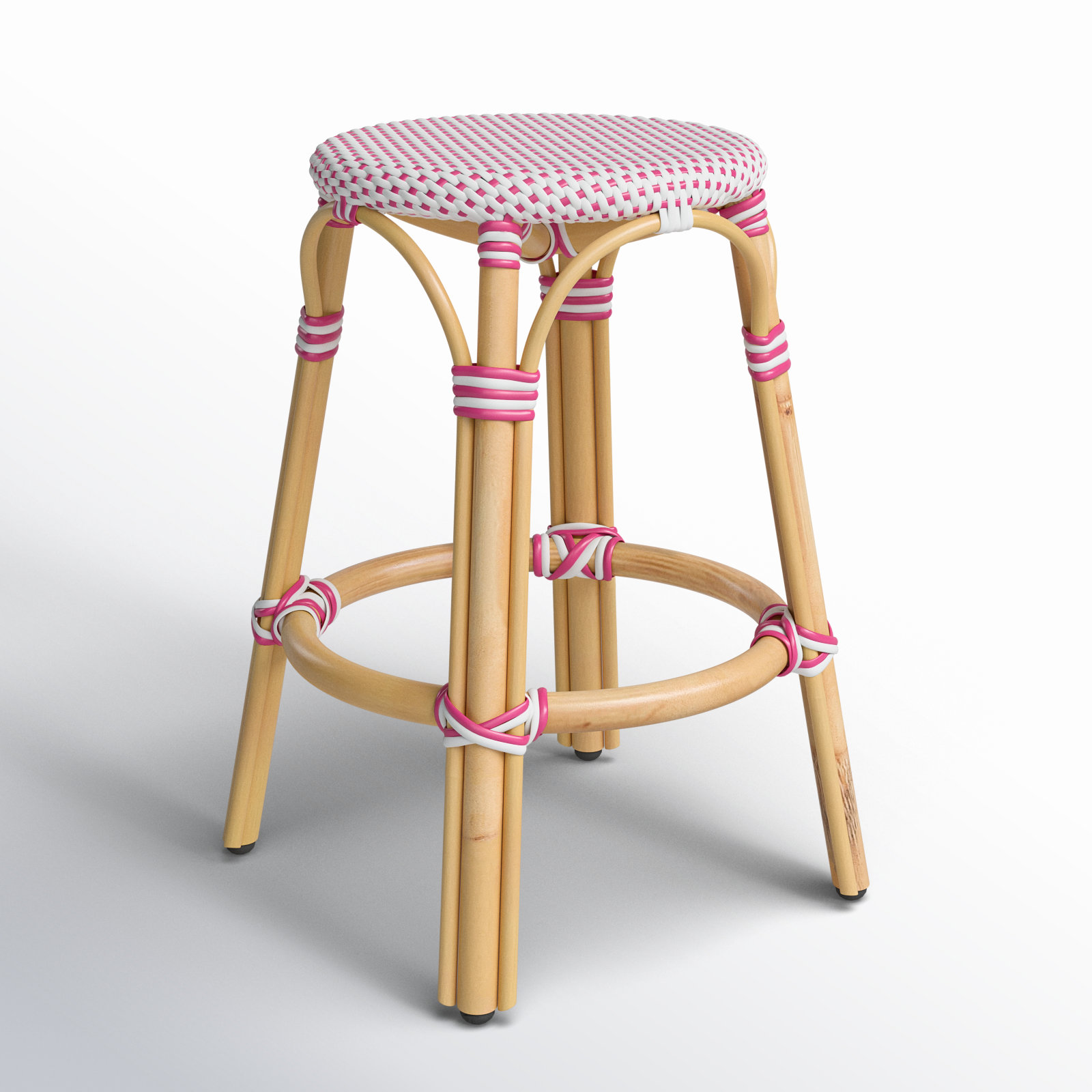 Alastair Bar & Counter Stool, White/Pink Dot/Natural Rattan Frame, Counter Stool (24" Seat Height)
