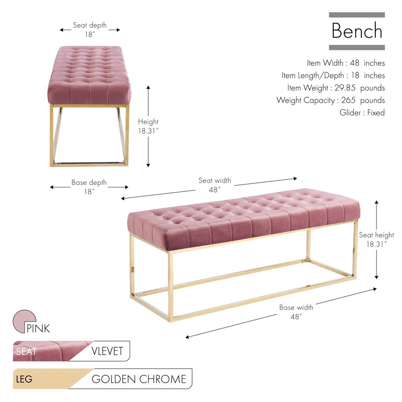 Greydi Tufted Velvet Bench with Gold Chrome Legs, Pink