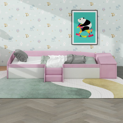 Lit de jour en velours avec repose-pieds relevable et escalier pour chambre d'adolescent, structure de lit plateforme rembourrée avec garde-corps rembourrés