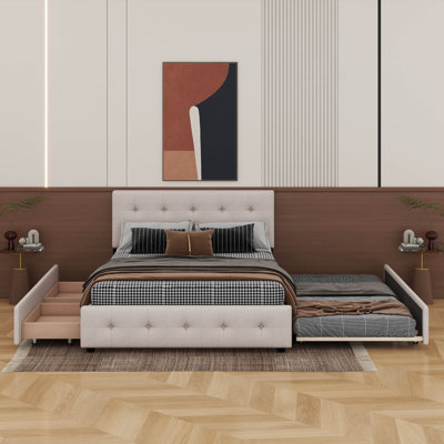 Grand lit plateforme tapissier avec 2 tiroirs et un lit gigogne