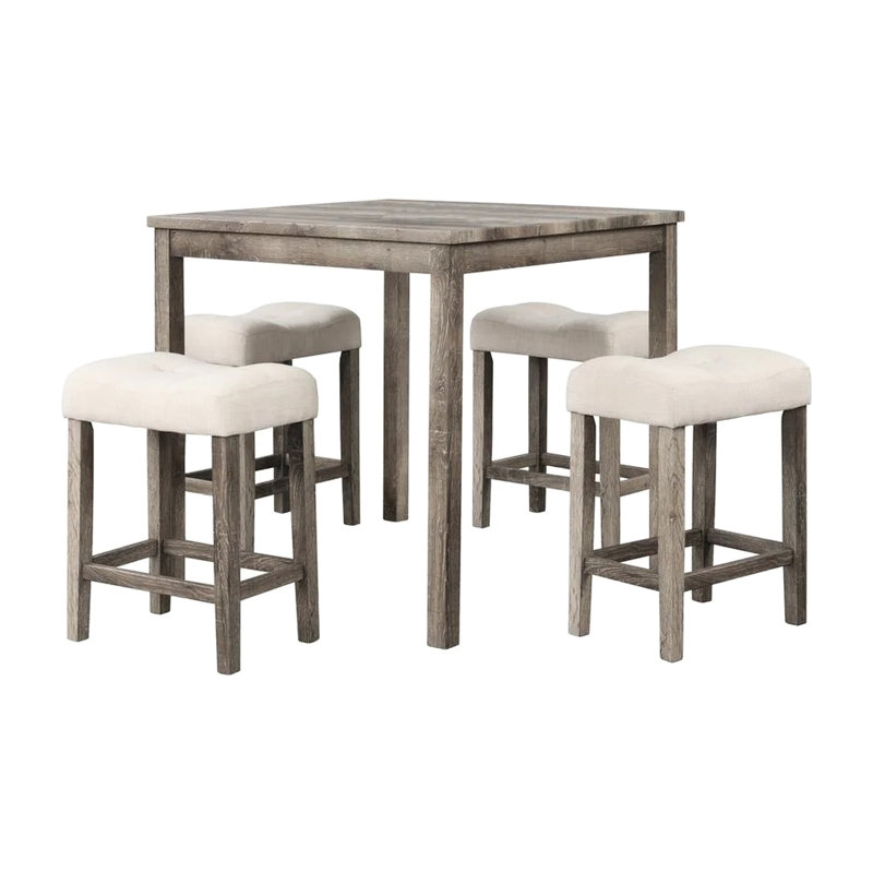 36 - Inch Square Oak Dining Table And 4 Counter Height Stools, 5 Piece Transitional , Engineered Hardwood, Suitable For Room With Linen Blend Fabric Mid Century Modern, Seats 4, Smooth Wood Grain