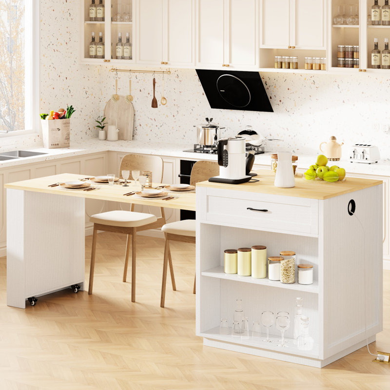 Black Kitchen Island With Extendable Table For 4-6, Faux Marble Countertop, 2 Drawers & Open Shelves, Built-In Power Outlet Feature 2-6, Double Storage, Lockable Wheels, Type-C Port