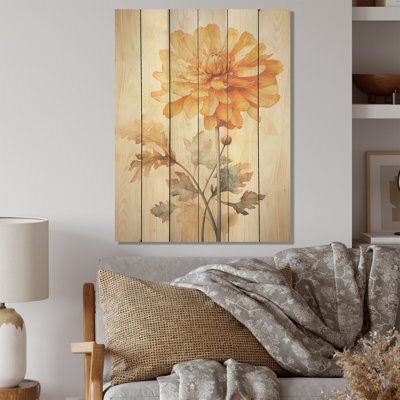 Peach Marigold Elegance Bouquet Still Life - Marigold Wood Wall Art On Natural Pine Wood