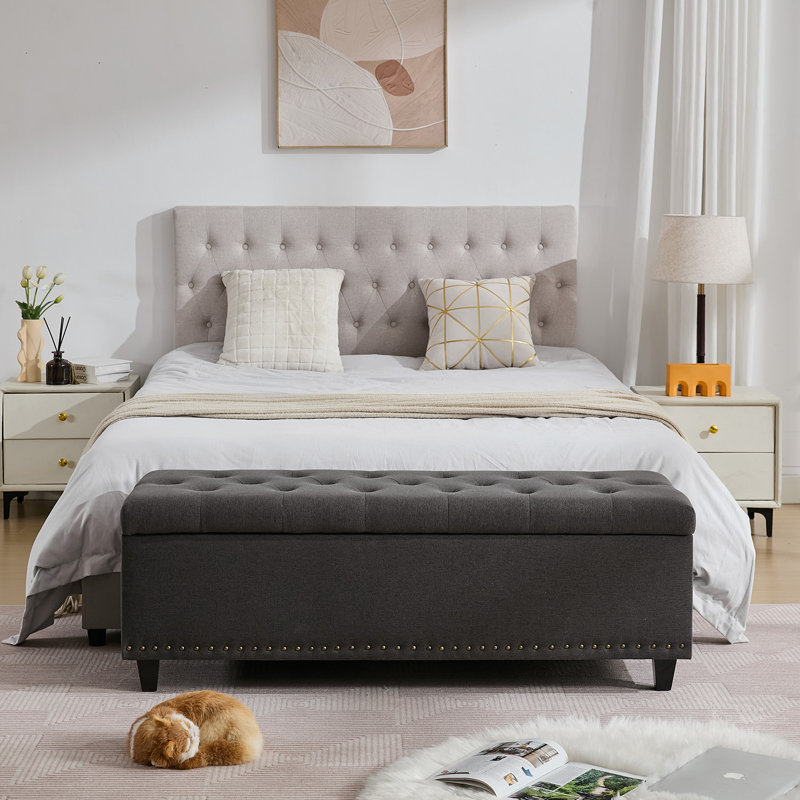 Espana 51'' Upholstered Tufted Storage Ottoman, Gray Linen Blend