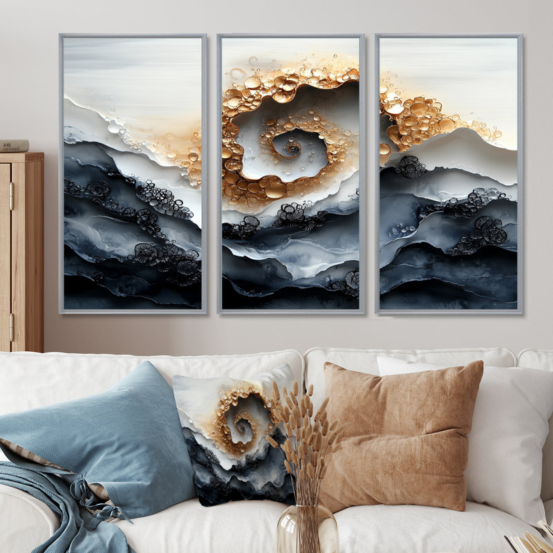 «Beige and Blue Water Forest of Elegance I», ensemble d'art mural spirales abstraites, Toile argentée avec cadre flottant