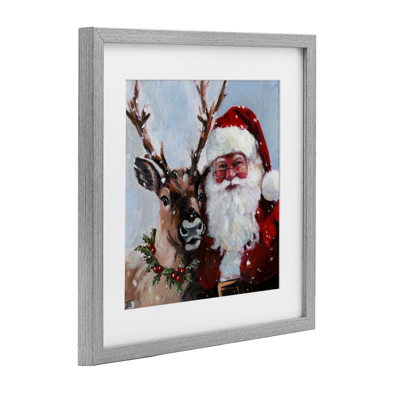 «Rosy Cheeked Santa & Reindeer», reproduction encadrée sous verre, design par Sara Culpepper, Cadre de ferme gris