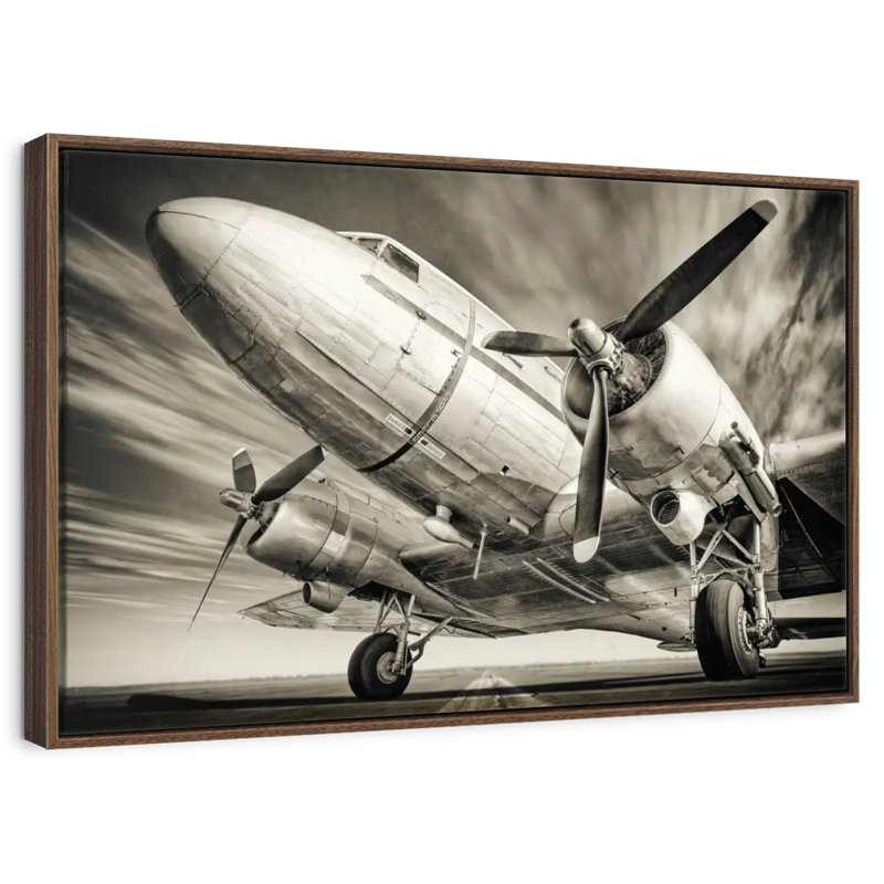 Avion rétro monochrome, 13 po x 9 po, Cadre flottant noyer