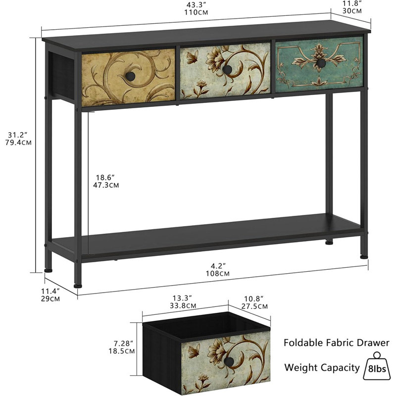 Black Metal Console Table with Retro Floral Fabric Drawers and Storage Shelf