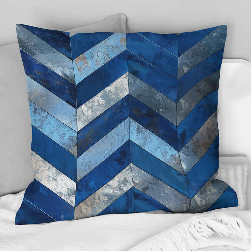 Coussin bleu Midcentury Chevron V - Midcentury, H 16 po x l 16 po