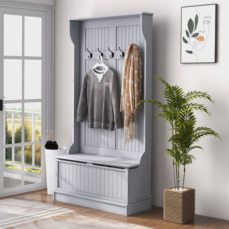 3-In-1 Entryway Hall Tree With Storage Bench, Coat Rack With Five Hooks And Shoe Storage, Gray
