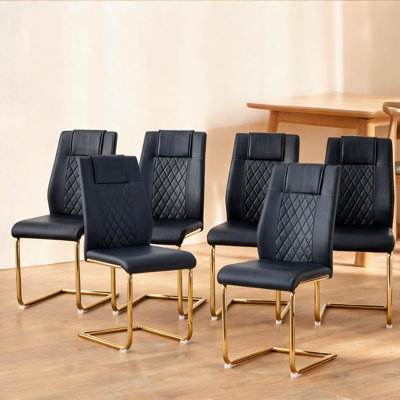 Side Chairs for Kitchen Dining, Set of 6, Sleek Black Faux Leather Upholstery, Gold Metal Legs, 16L x 19W x 38H Inches