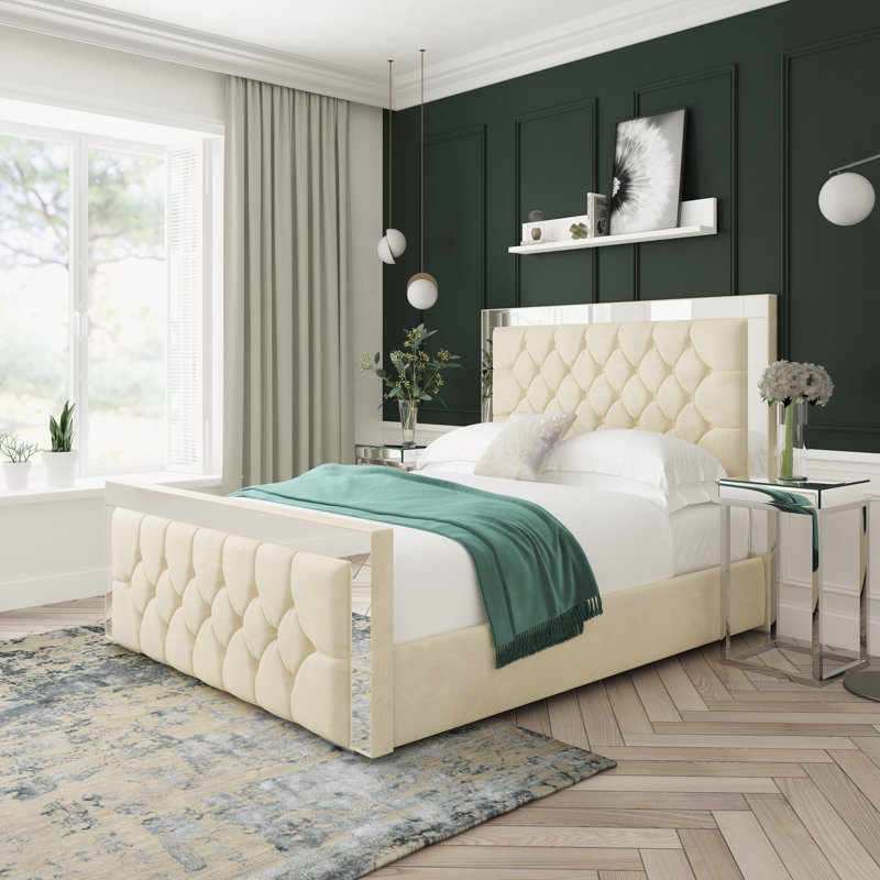 Sage Plush Velvet Upholstered Ottoman Bed Frame, Double (4'6), Cream