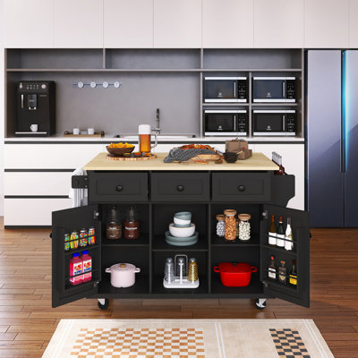 53.1" Kitchen Island With Drop-Leaf Countertop,Cabinet and 3 Drawers