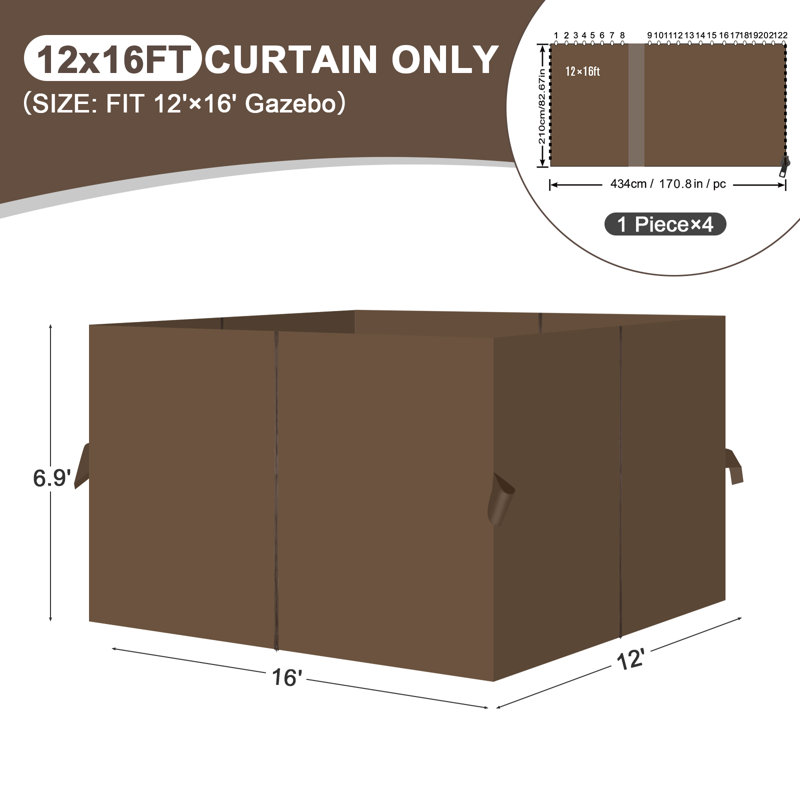 Aoodor Replacement 4-Panel Gazebo Sidewall Curtains, Brown, 82.7" H x 144" W x 192" D